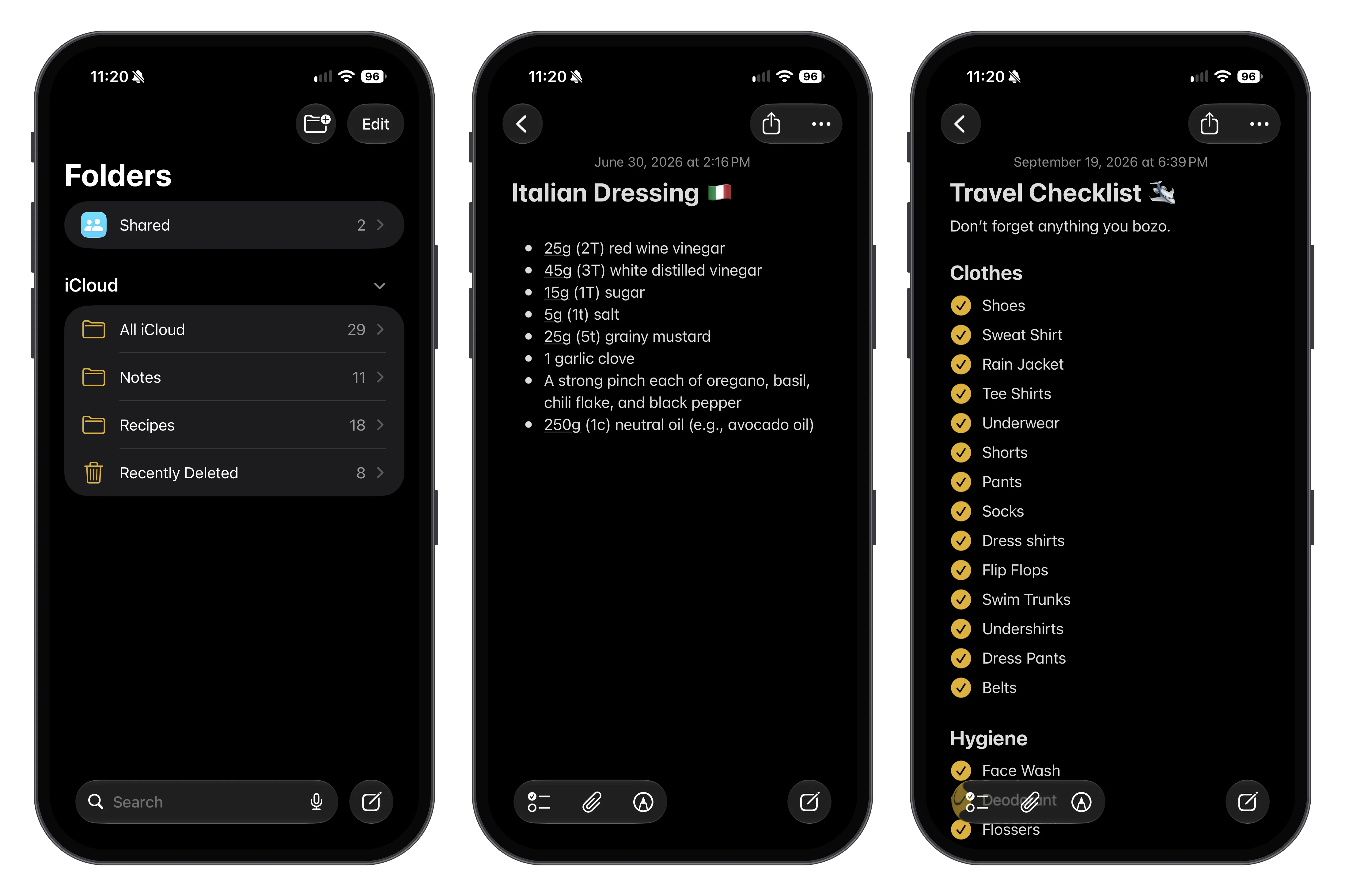 Screenshots of my Notes app setup