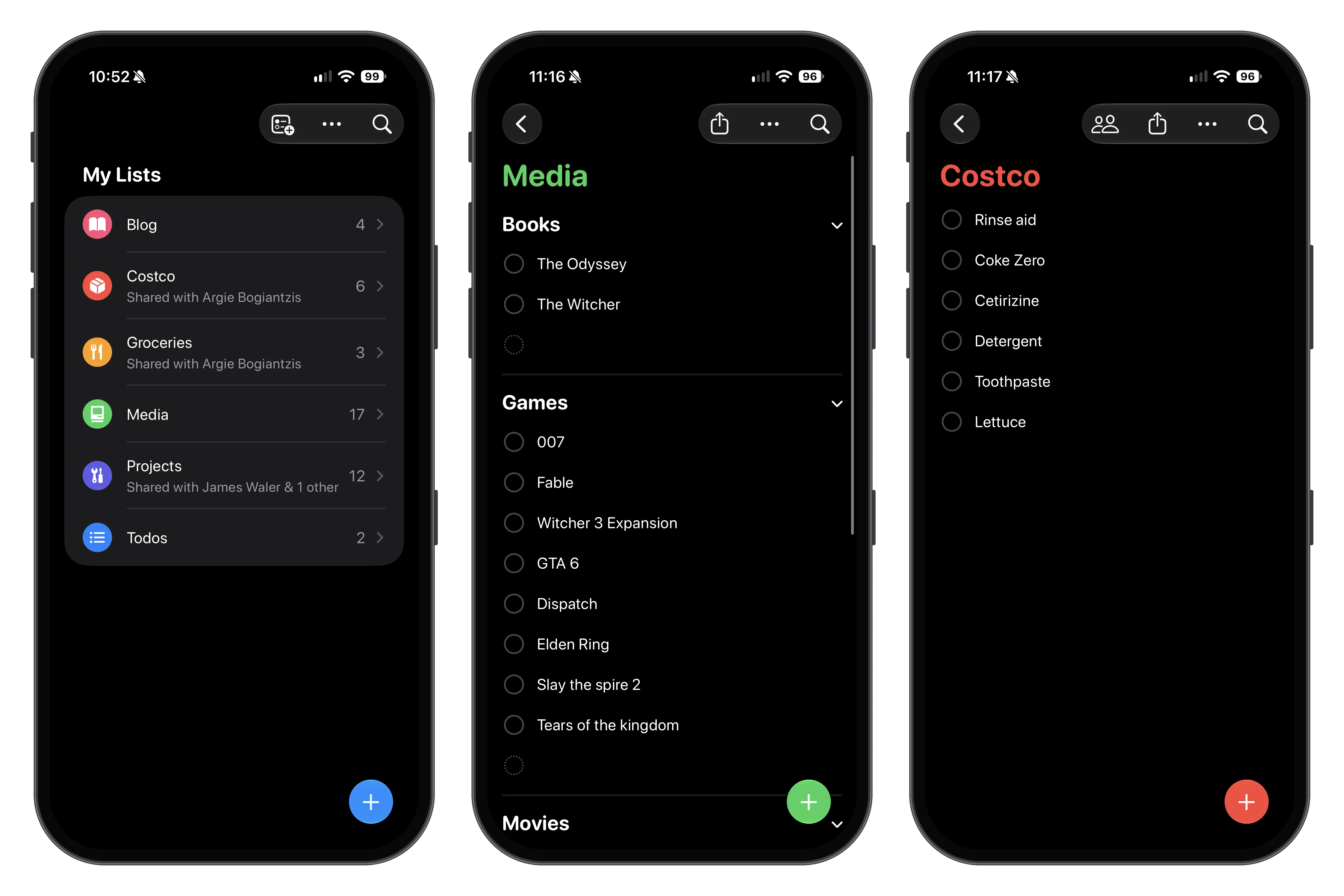 Screenshots of my Reminders app setup