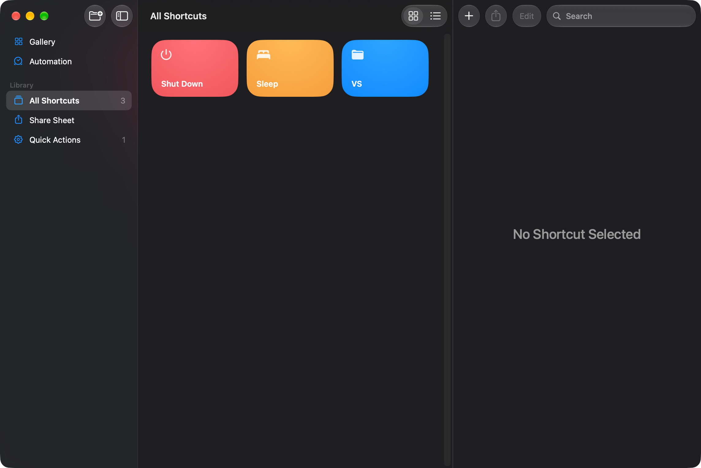 The macOS Shortcuts app showing custom Shut Down and Sleep shortcuts