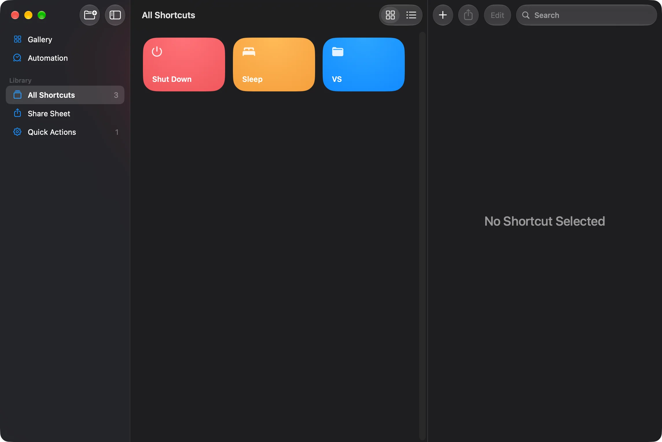 The macOS Shortcuts app showing custom Shut Down and Sleep shortcuts