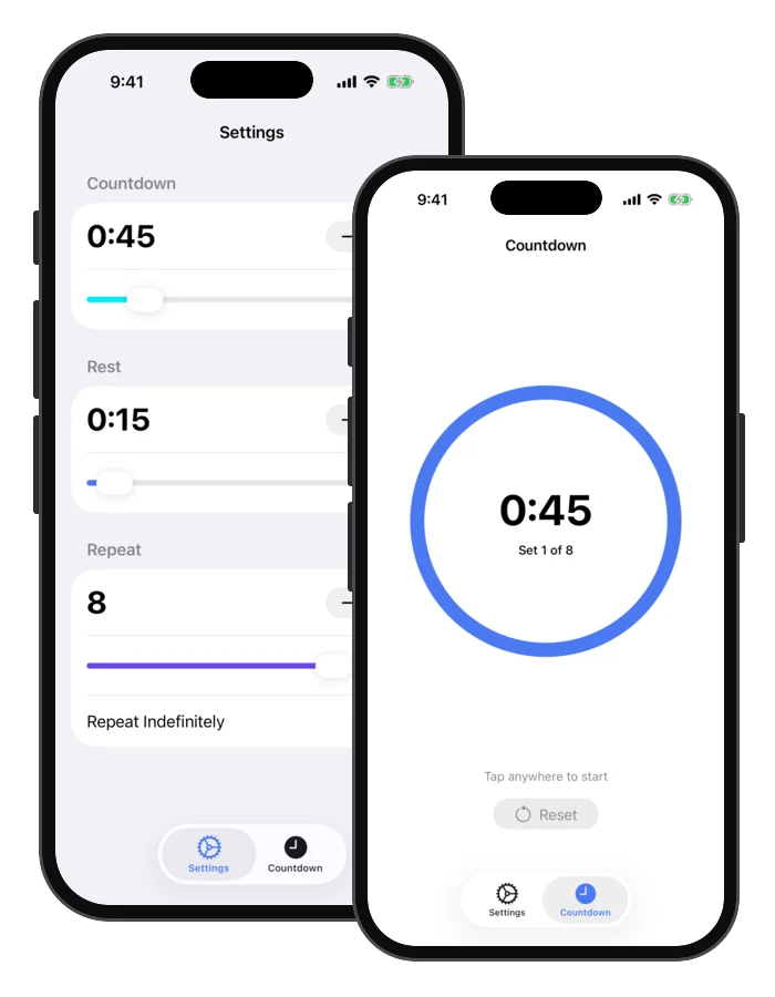 Intervals settings for countdown, rest, and repeats