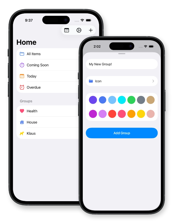 Repeaters groups list with custom colors and icons