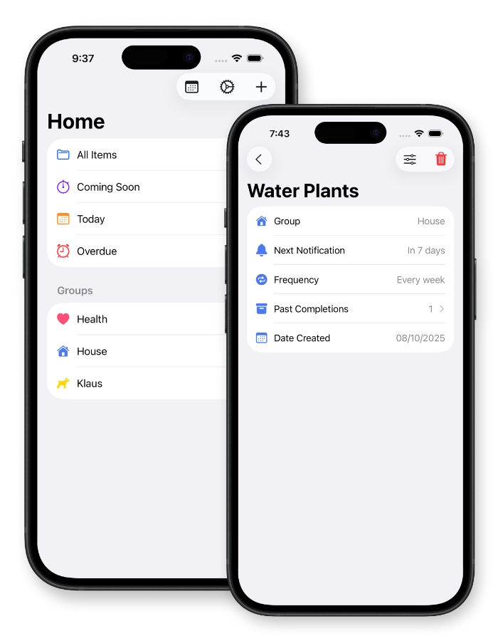 Repeaters item detail screen with a custom repeat interval