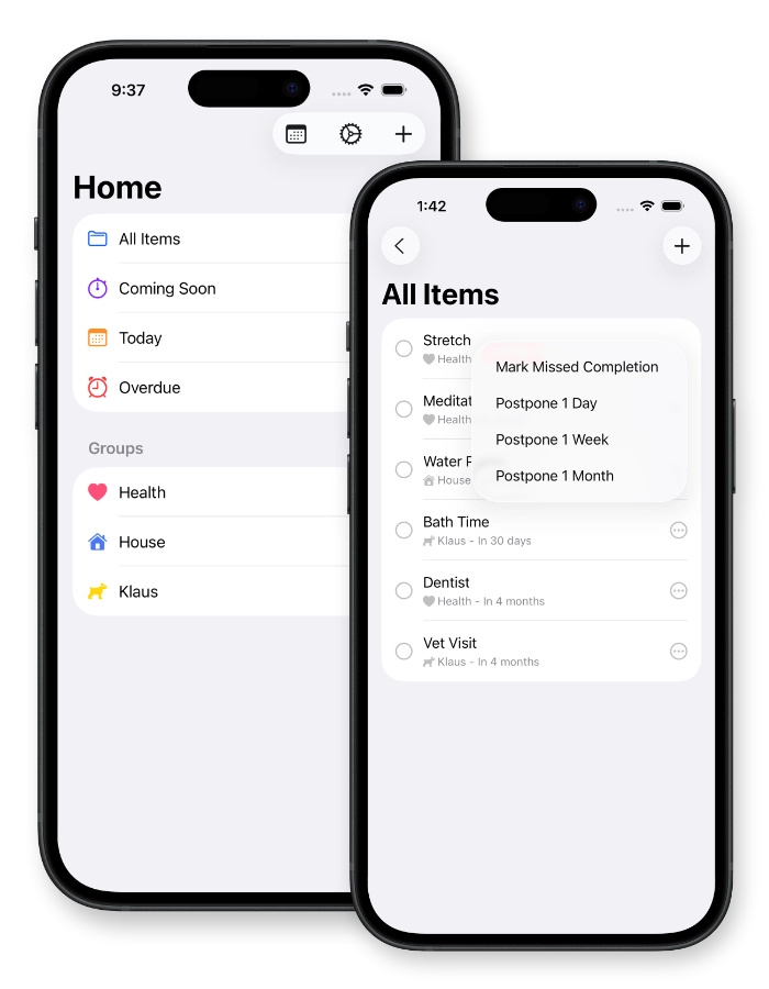 Quick actions to postpone or mark a missed completion in Repeaters